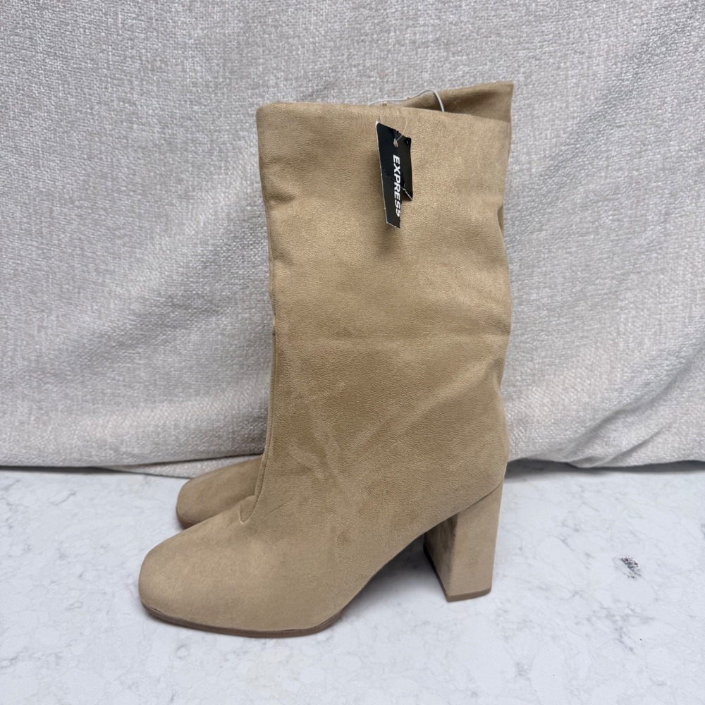 Express Womens Tan Faux Suede Square Toe Block Heel Mid Calf Boots Size 7 NEW